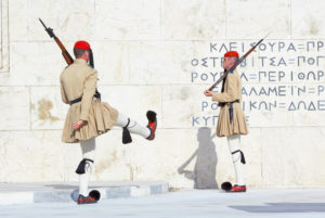 Evzone soldiers performing change of guard, Athens, Greece, Europe, Evzone soldiers performing change of guard, Athens, Greece, Europe,